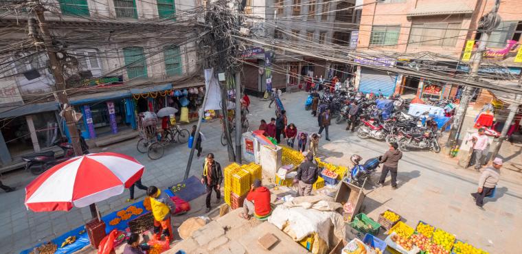 Kathmandu market square with tangled overhead cables
